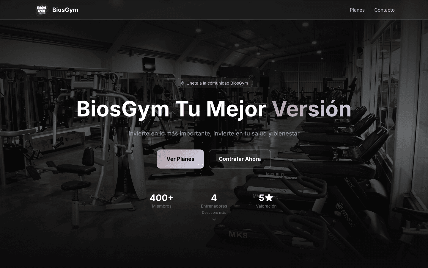 Sitio de BiosGym con planes de membresía y entrenadores